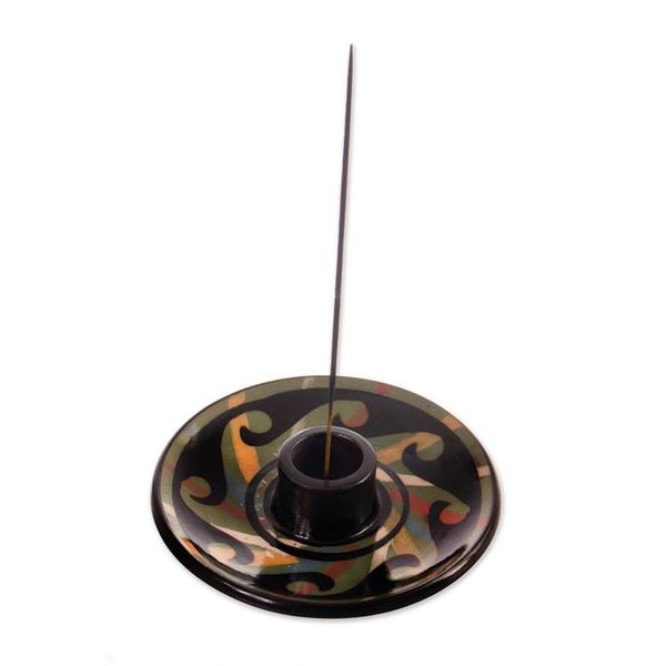 Alternate image for Handcrafted Wavy-Patterned Round Ceramic Incense Holder Ancestral Waves