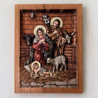 Alternate image for Artisan Crafted Cedar Wood Nativity Scene Relief Sculpture In a Stable in Bethlehem