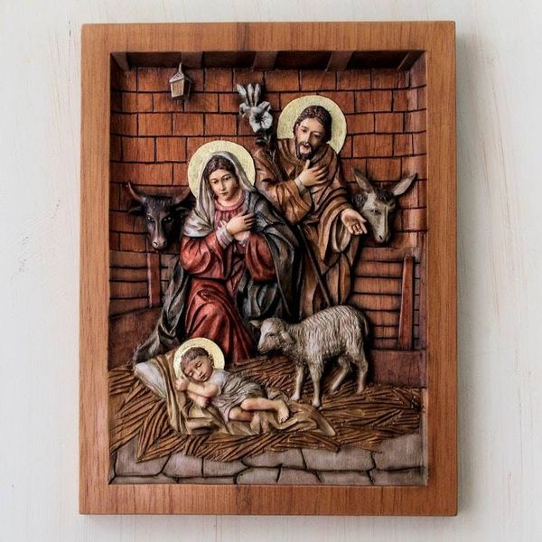 Alternate image for Artisan Crafted Cedar Wood Nativity Scene Relief Sculpture In a Stable in Bethlehem