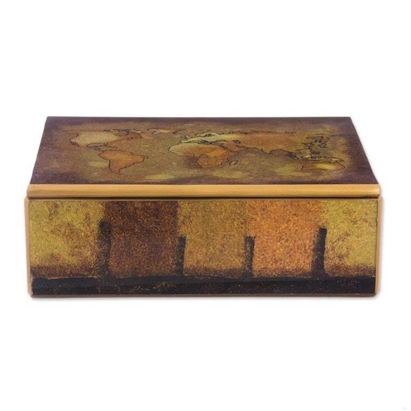 Alternate image for Golden World Map Reverse-Painted Glass Wood Decorative Box Cartographers Treasure