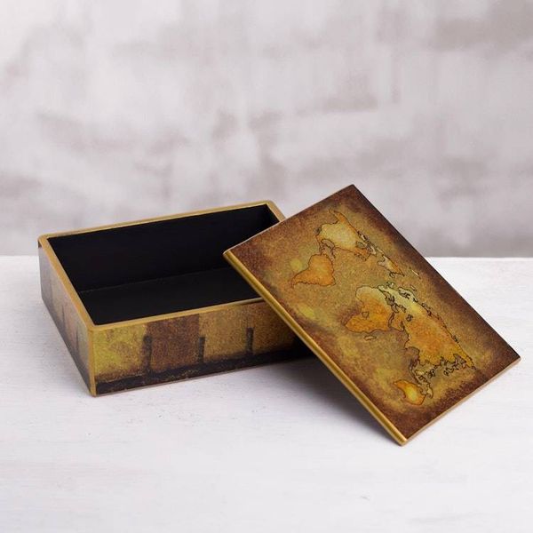 Alternate image for Golden World Map Reverse-Painted Glass Wood Decorative Box Cartographers Treasure