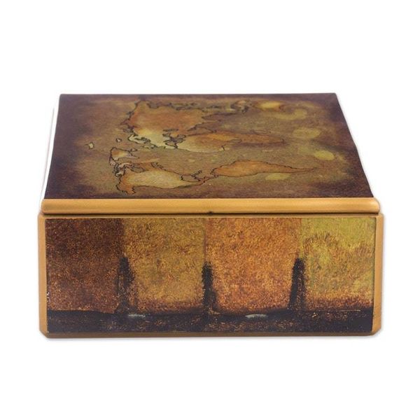 Alternate image for Golden World Map Reverse-Painted Glass Wood Decorative Box Cartographers Treasure