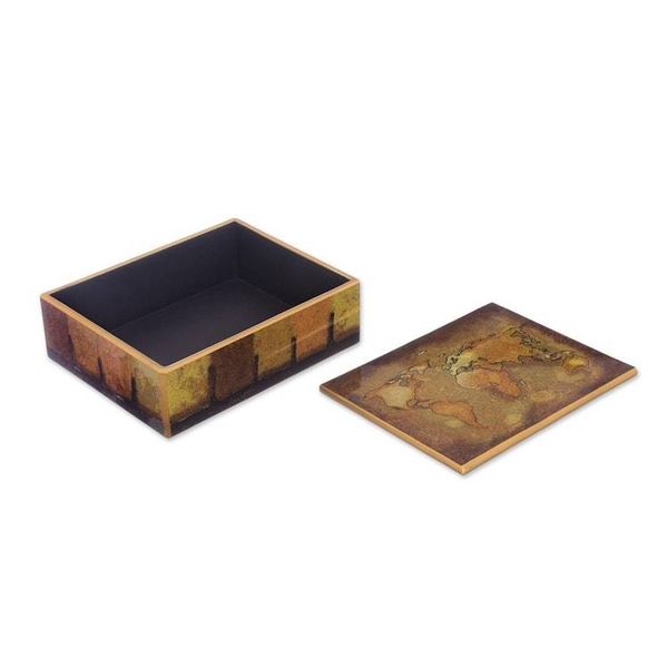 Alternate image for Golden World Map Reverse-Painted Glass Wood Decorative Box Cartographers Treasure