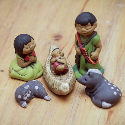 Alternate image for Handpainted Peruvian Amazon Ceramic Nativity Scene Figurines An Ashaninka Christmas