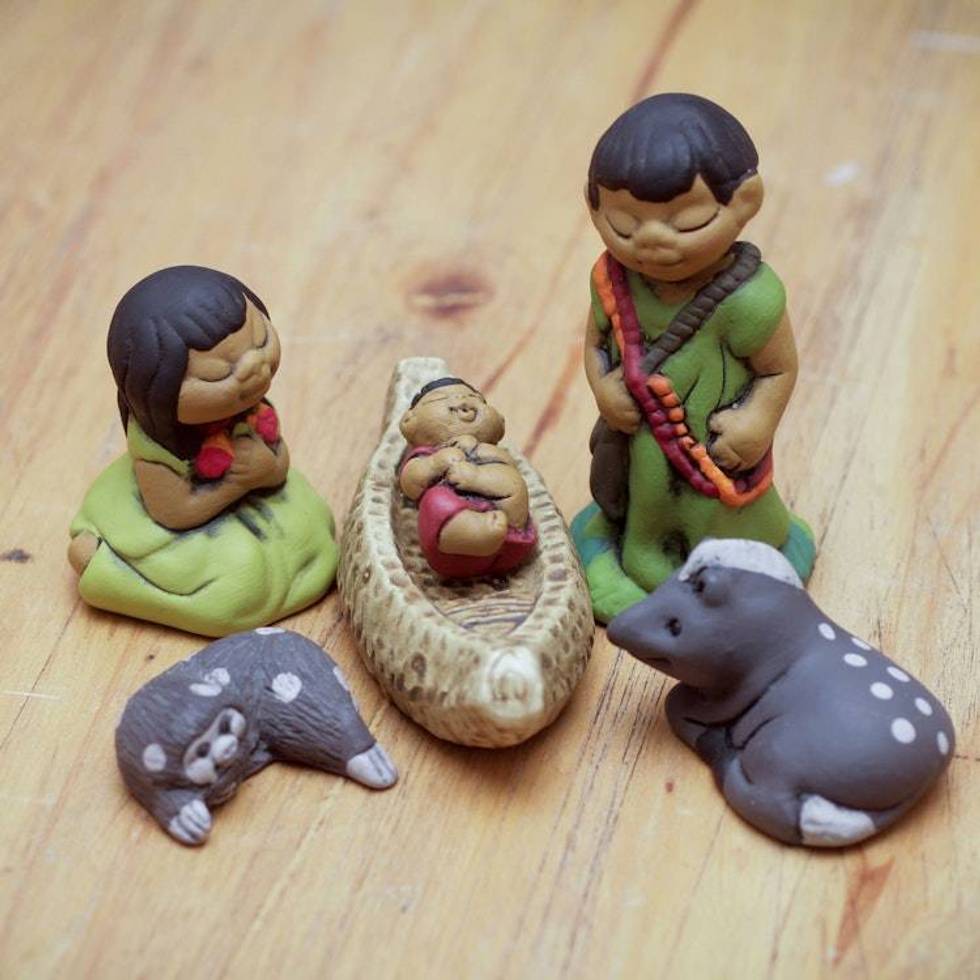 Handpainted Peruvian Amazon Ceramic Nativity Scene Figurines 'An Ashaninka Christmas'