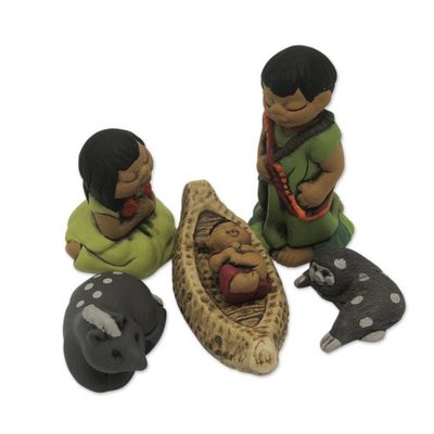 Alternate image for Handpainted Peruvian Amazon Ceramic Nativity Scene Figurines An Ashaninka Christmas