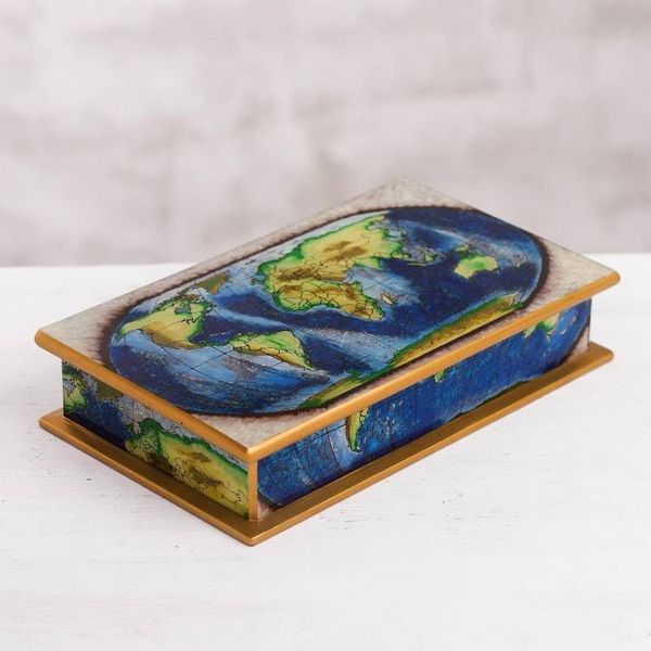 Alternate image for Map of the World Reverse-Painted Glass Wood Decorative Box World View