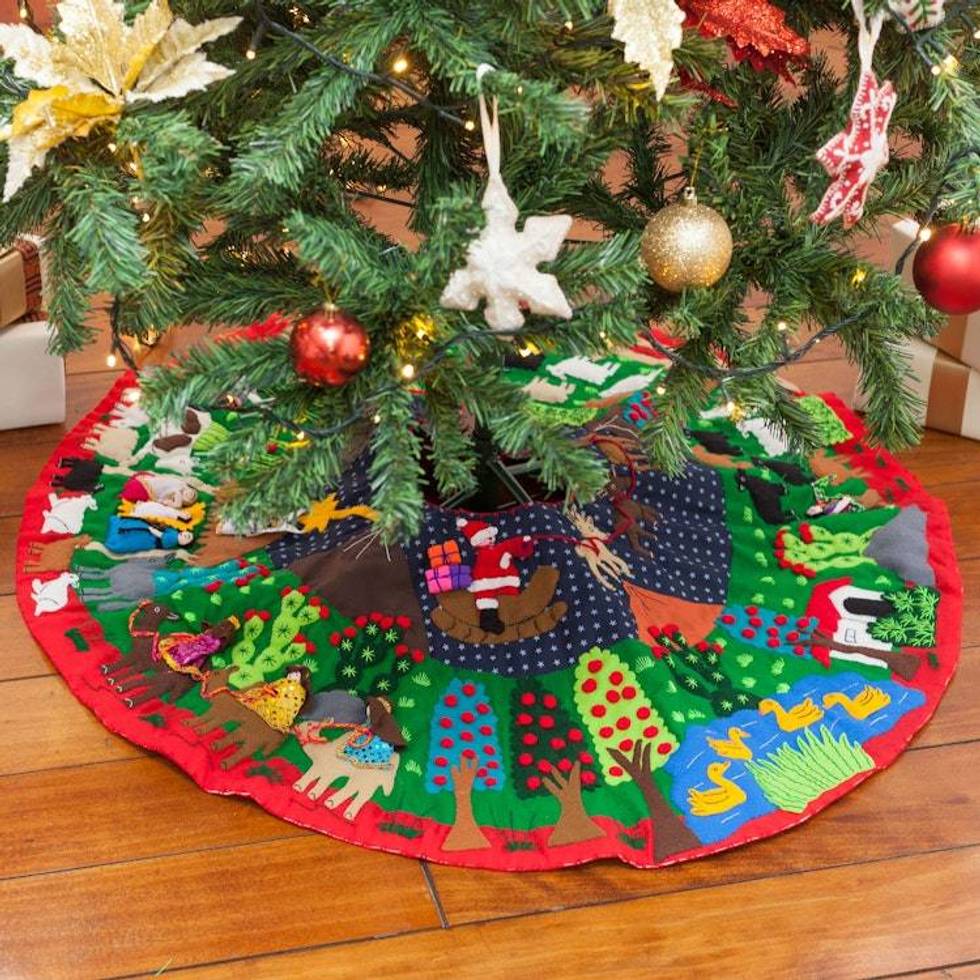 Christmas-Themed Cotton Blend Applique Tree Skirt from Peru 'Christmas Time'