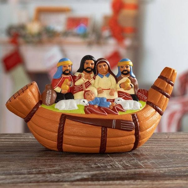 Alternate image for Artisan Crafted Ceramic Christmas Nativity Scene Christmas in a Reed Canoe