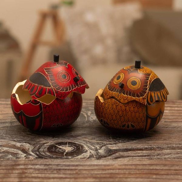 Alternate image for Decorative Owl Figures of Dried Mate Gourds from Peru Pair Fortunate Owls