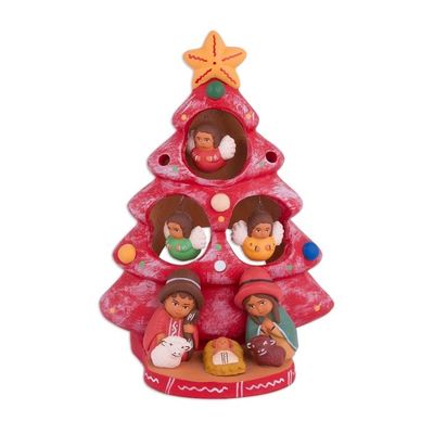 Alternate image for Ceramic Christmas Nativity Scene in Red from Peru Birth Beneath the Red Tree