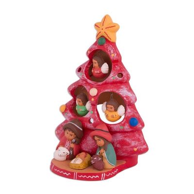 Alternate image for Ceramic Christmas Nativity Scene in Red from Peru Birth Beneath the Red Tree