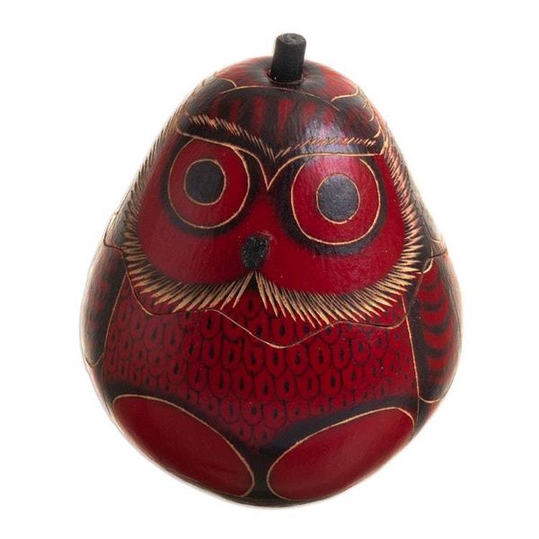 Alternate image for Dried Mate Gourd Box Painted in an Owl Motif from Peru Paunchy Red Owl