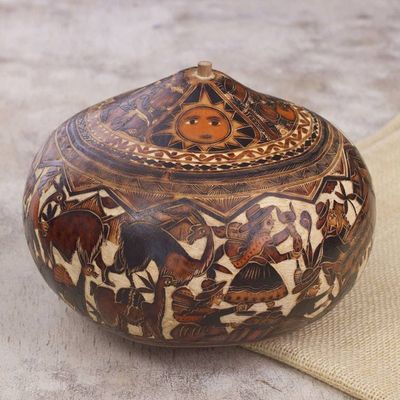 Alternate image for Hand-Carved Gourd Decorative Box with Andean Pastoral Scene Mantaro Valley