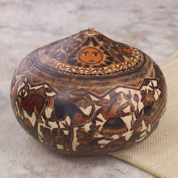 Alternate image for Hand-Carved Gourd Decorative Box with Andean Pastoral Scene Mantaro Valley