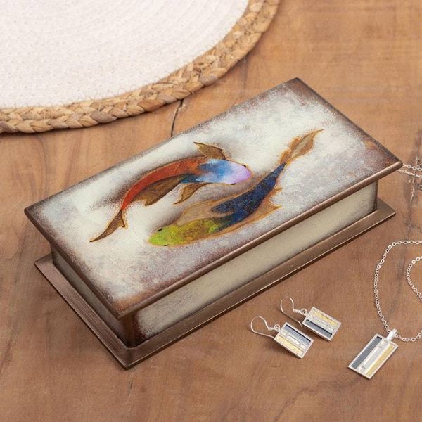 Alternate image for Fish Themed Reverse-Painted Glass Box Ocean Harmony in White