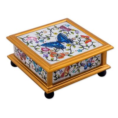 Alternate image for Butterflies on an Ivory Reverse Painted Glass Decorative Box Ivory Winter Butterflies
