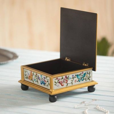 Alternate image for Butterflies on an Ivory Reverse Painted Glass Decorative Box Ivory Winter Butterflies