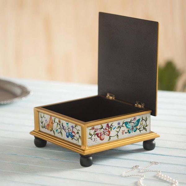 Alternate image for Butterflies on an Ivory Reverse Painted Glass Decorative Box Ivory Winter Butterflies