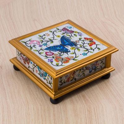 Alternate image for Butterflies on an Ivory Reverse Painted Glass Decorative Box Ivory Winter Butterflies