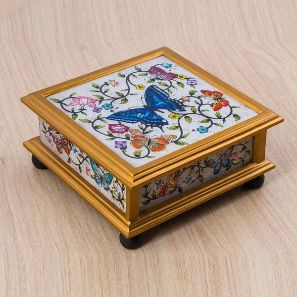 Alternate image for Butterflies on an Ivory Reverse Painted Glass Decorative Box Ivory Winter Butterflies