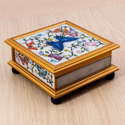 Alternate image for Butterflies on an Ivory Reverse Painted Glass Decorative Box Ivory Winter Butterflies