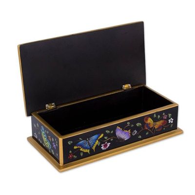 Alternate image for Reverse Painted Glass Butterfly Decorative Box in Black Glorious Butterflies in Black