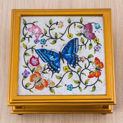 Alternate image for Butterflies on an Ivory Reverse Painted Glass Decorative Box Ivory Winter Butterflies