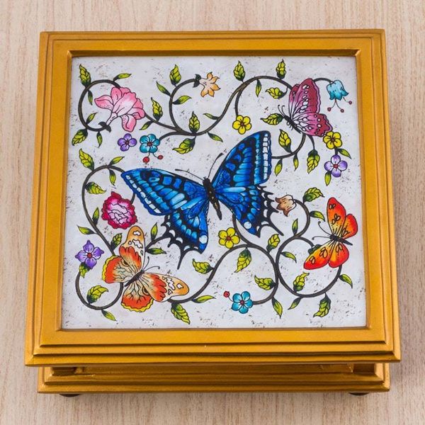 Alternate image for Butterflies on an Ivory Reverse Painted Glass Decorative Box Ivory Winter Butterflies