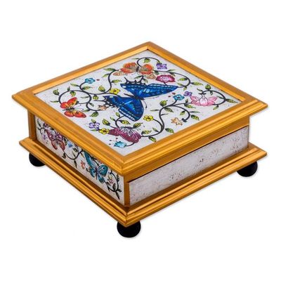 Alternate image for Butterflies on an Ivory Reverse Painted Glass Decorative Box Ivory Winter Butterflies