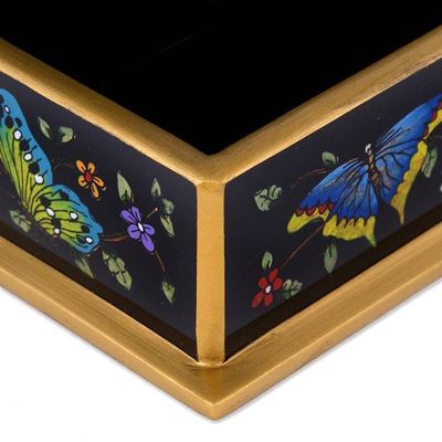 Alternate image for Reverse Painted Glass Butterfly Decorative Box in Black Glorious Butterflies in Black