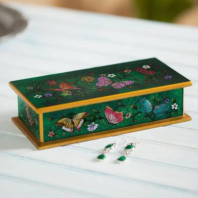 Alternate image for Reverse Painted Glass Butterfly Decorative Box in Emerald Butterfly Jubilee in Emerald