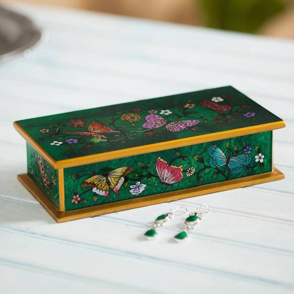 Reverse Painted Glass Butterfly Decorative Box in Emerald 'Butterfly Jubilee in Emerald'