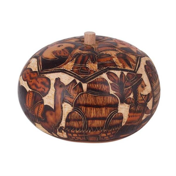 Alternate image for Hand Carved Andean Traditional Village Gourd Decorative Box Honoring Tradition