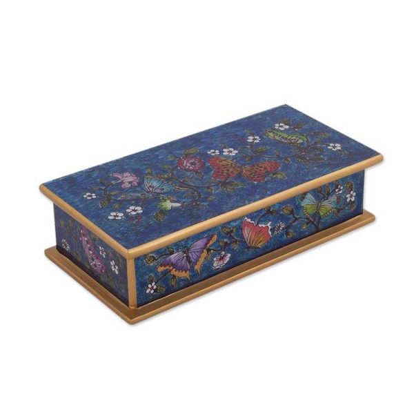 Alternate image for Reverse Painted Glass Butterfly Decorative Box in Cyan Butterfly Jubilee in Cyan