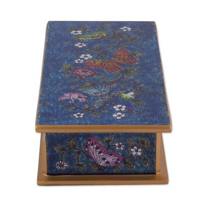Alternate image for Reverse Painted Glass Butterfly Decorative Box in Cyan Butterfly Jubilee in Cyan