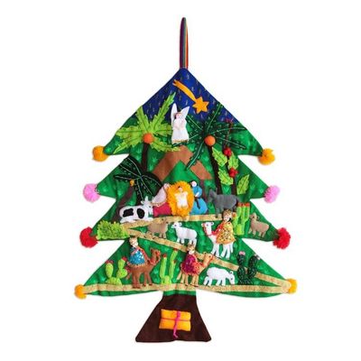 Alternate image for Peruvian Christmas Tree Applique Wall Hanging Happy Nativity Scene