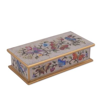 Alternate image for Reverse Painted Glass Butterfly Decorative Box in Off White Butterfly Jubilee in Antique