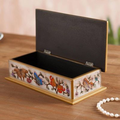 Alternate image for Reverse Painted Glass Butterfly Decorative Box in Off White Butterfly Jubilee in Antique