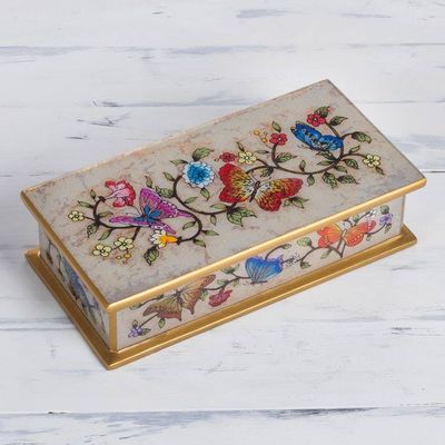 Alternate image for Reverse Painted Glass Butterfly Decorative Box in Off White Butterfly Jubilee in Antique