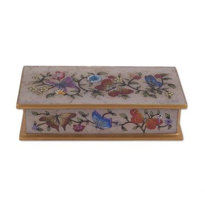 Alternate image for Reverse Painted Glass Butterfly Decorative Box in Off White Butterfly Jubilee in Antique