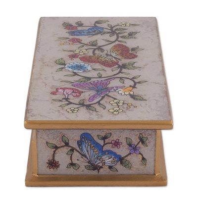 Alternate image for Reverse Painted Glass Butterfly Decorative Box in Off White Butterfly Jubilee in Antique
