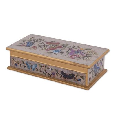 Alternate image for Reverse Painted Glass Butterfly Decorative Box in Off White Butterfly Jubilee in Antique