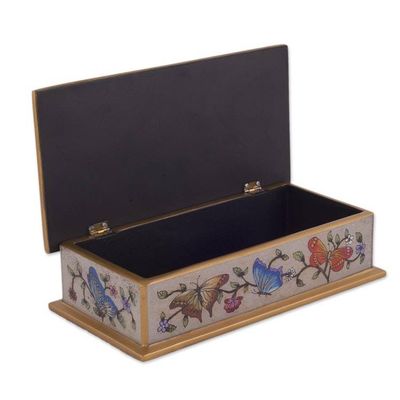 Alternate image for Reverse Painted Glass Butterfly Decorative Box in Off White Butterfly Jubilee in Antique