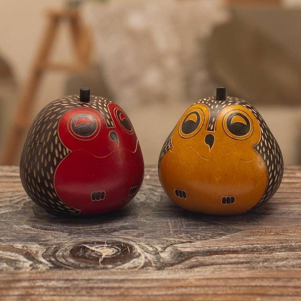 Alternate image for Decorative Owl Figures of Dried Mate Gourds from Peru Pair Singing Owls