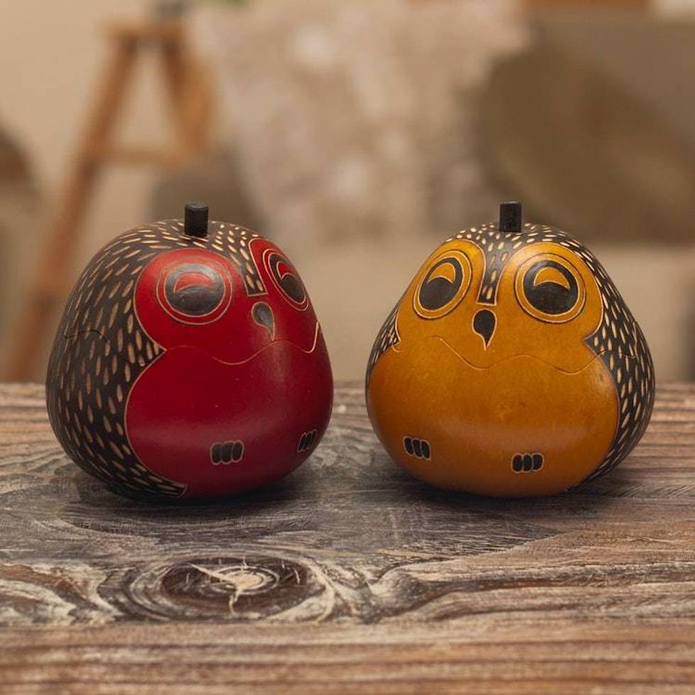 Decorative Owl Figures of Dried Mate Gourds from Peru Pair 'Singing Owls'