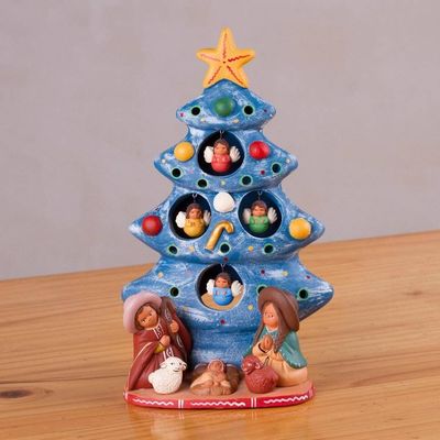Primary image for Ceramic Christmas Nativity Sculpture in Blue from Peru Birth Beneath the Blue Tree