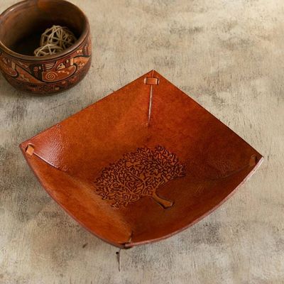 Primary image for Squared Brown Hand Tooled Leather Catchall from Peru Sienna Tree