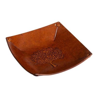 Alternate image for Squared Brown Hand Tooled Leather Catchall from Peru Sienna Tree