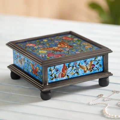 Alternate image for Reverse Painted Glass Blue Decorative Box with Butterflies Blue Winter Butterflies